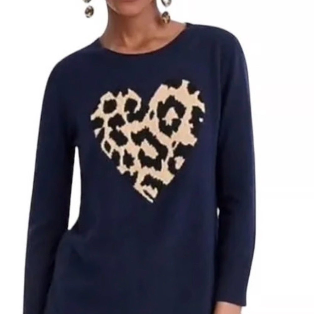 J. Crew cashmere navy Sweater with Leopard Heart